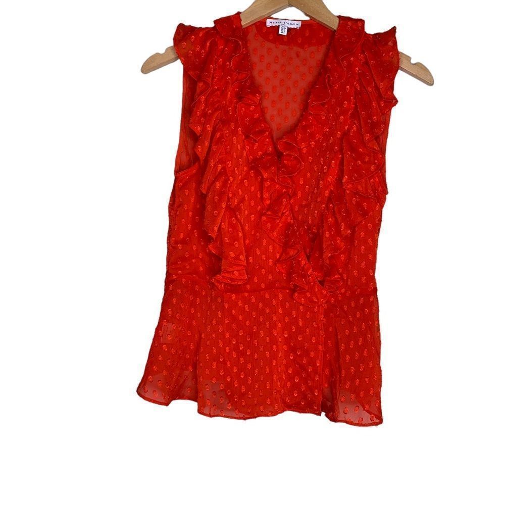 Maison D’Ameile Red Ruffle V-neck Blouse